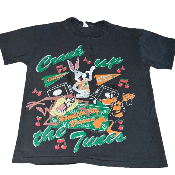 Vintage 90s Miami Hurricanes Looney Tunes Shirt Crank Up Tunes DJ Homecoming - Picture 1 of 11